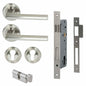 MILES NELSON DOOR HANDLES MILANO RANGE SATIN NICKEL FINISH FORLI ENTRANCE SET ROUND ROSE SUPPLIED WITH 716SS MORTICE 65MM KEY AND TURN / ESCUTHONS