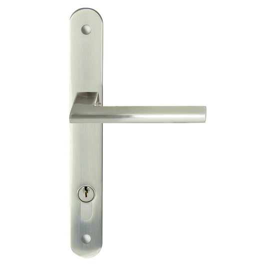 MILES NELSON DOOR HANDLES MILANO RANGE SATIN NICKEL FINISH FORLI ROUND STYLE LONG PLATE SET SUPPLIED WITH 716SS MORTICE LOCK AND KEY / TURN