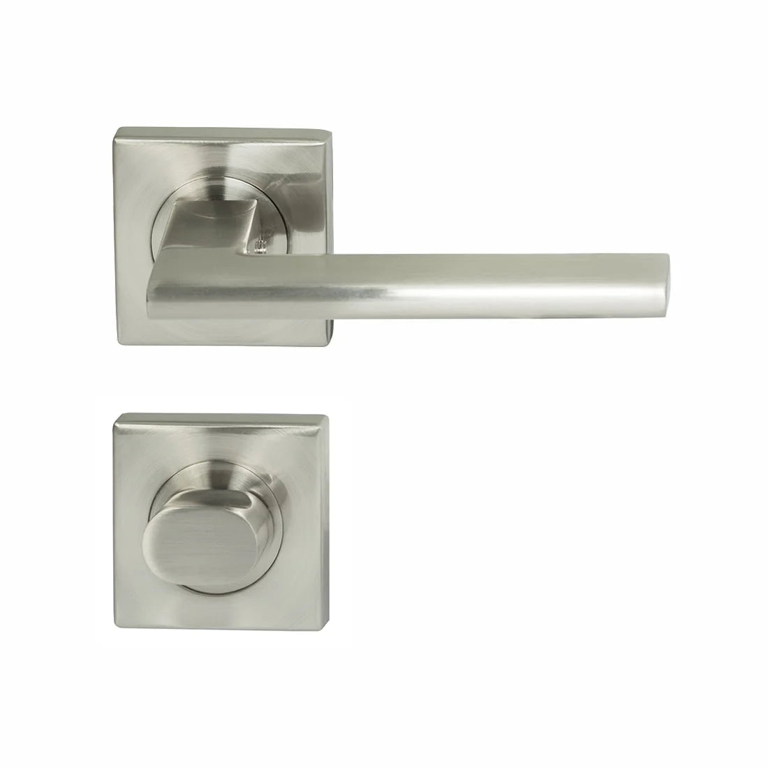 MILES NELSON DOOR HANDLES MILANO RANGE SATIN NICKEL FINISH FORLI PASSAGE SET,PRIVACY SET,DUMMY AND INTERGRATED PRIVACY INCLUDES LATCH 55MM SQUARE ROSE