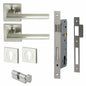 MILES NELSON DOOR HANDLES MILANO RANGE SATIN NICKEL FINISH FORLI ENTRANCE SET 55MM SQUARE ROSE SUPPLIED WITH716SS MORTICE 65MM KEY AND TURN / ESCUTHONS SQUARE