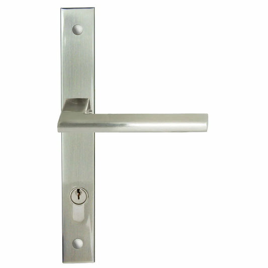 MILES NELSON DOOR HANDLES MILANO RANGE SATIN NICKEL FINISH FORLI SQUARE STYLE LONG PLATE SET SUPPLIED WITH 716SS MORTICE LOCK AND KEY / TURN