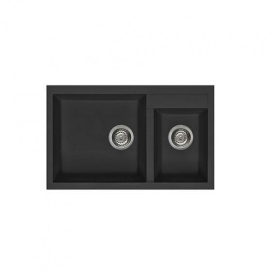 BURNS & FERALL ELLECI GRANITE SINKS  QUADRA UNDERMOUNT 440 & TOPMOUNT 440 DOUBLE BOWL LEFT HAND - BLACK, WHITE &  ALUMINIUM
