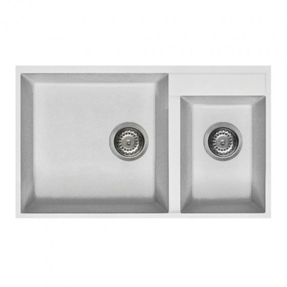 BURNS & FERALL ELLECI GRANITE SINKS  QUADRA UNDERMOUNT 440 & TOPMOUNT 440 DOUBLE BOWL LEFT HAND - BLACK, WHITE &  ALUMINIUM