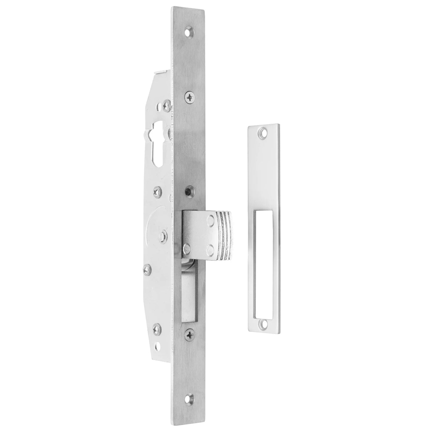 MILES NELSON COMMERCIAL NARROW STYLE DEADLOCK 22MM BACKSET - SHORT & LONG BOLT THROW - NO CYLINDER OR TURN - SATIN CHROME ON BRASS
