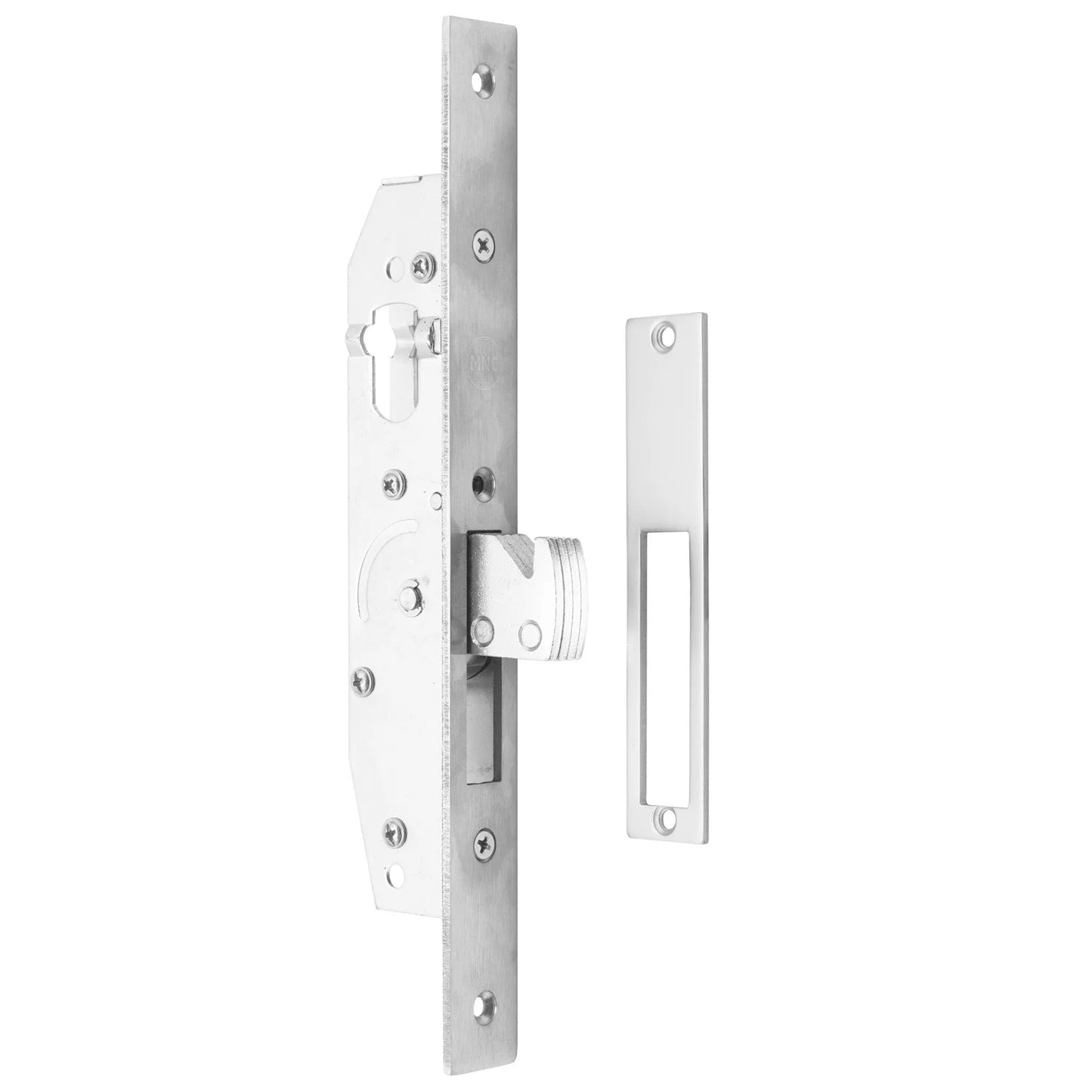 MILES NELSON COMMERCIAL SLIDING DOOR DEADLOCK 22MM BACKSET - INCLUDES LONG AND SHORT FACEPLATES AND STRIKE BOX - NO CYLINDER OR TURN - SATIN CHROME ON BRASS PRICED PER EACH