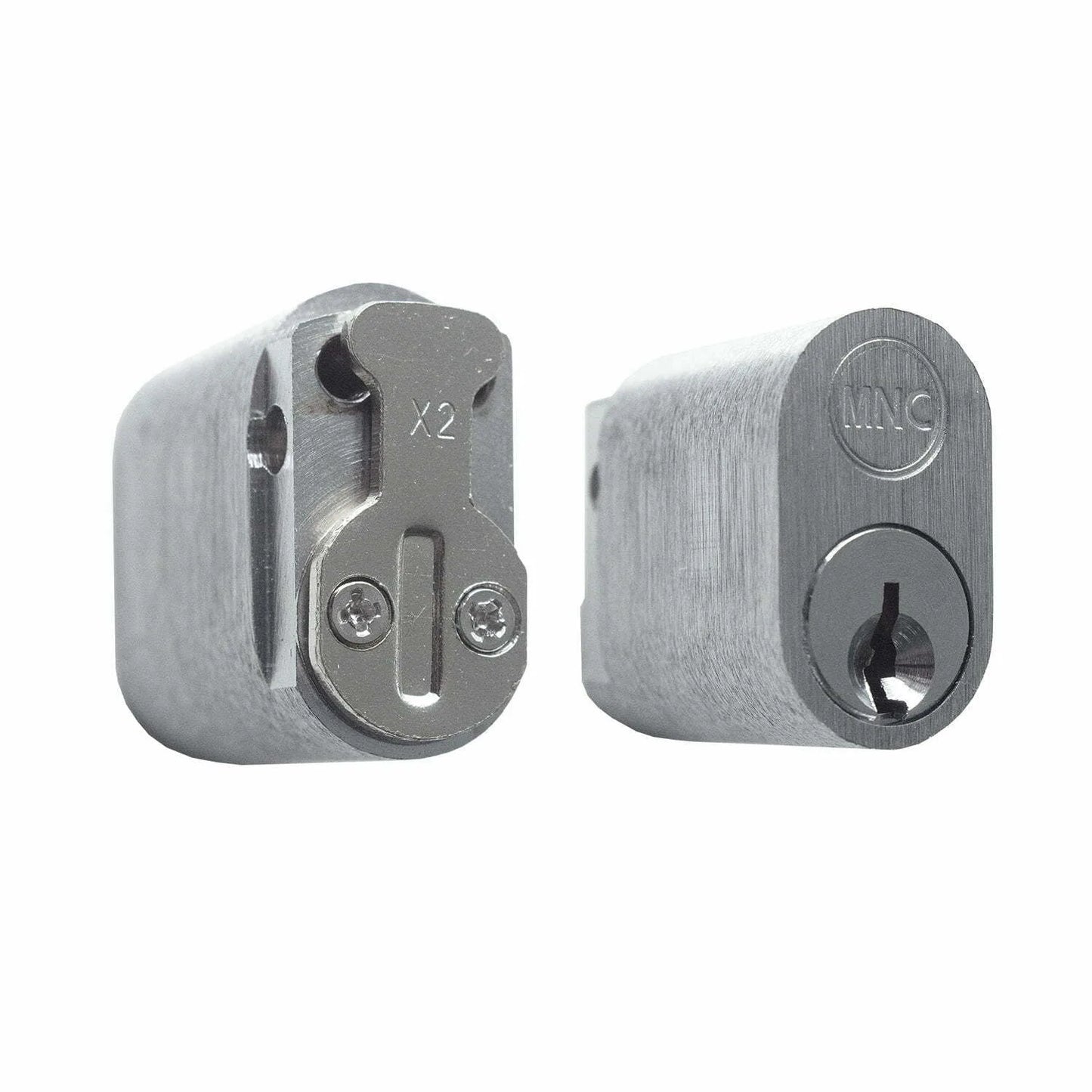 MILES NELSON COMMERCIAL OVAL KEY BARREL WITH 2 KEYS - 6 PIN C4 PROFILE WITH X2 CAM (MNC570 + MNCX2CAM) - SATIN CHROME AND MATT BLACK