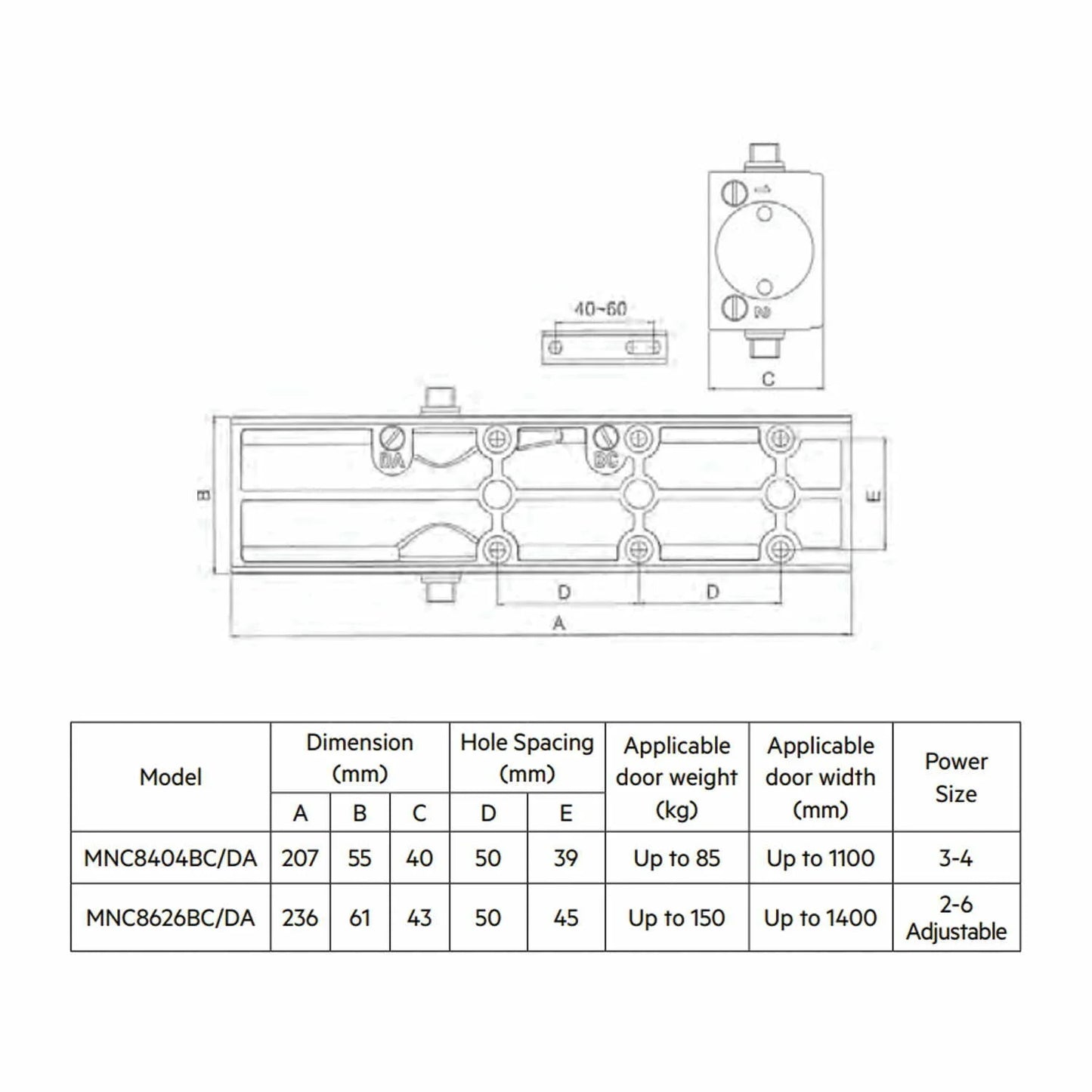 MILES NELSON COMMERCIAL 8000 SERIES DOOR CLOSER - EN POWER 2-6 - BACKCHECK / DELAYED ACTION SILVER & MATT BLACK