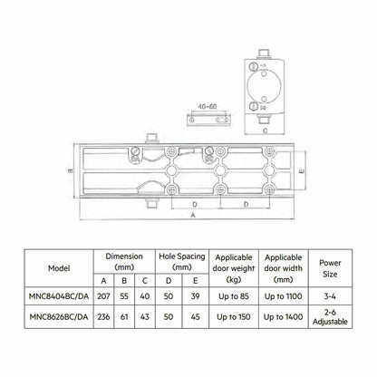 MILES NELSON COMMERCIAL 8000 SERIES DOOR CLOSER - EN POWER 2-6 - BACKCHECK / DELAYED ACTION SILVER & MATT BLACK