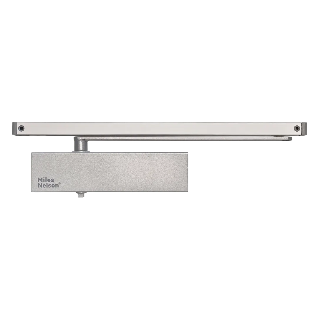 MILES NELSON COMMERCIAL 8000 SERIES DOOR CLOSER WITH SLIDE ARM MNC8404BC/DA+MNC8404SA - EN POWER 2 - BACKCHECK / DELAYED ACTION / REMOVABLE HOLD OPEN-SATIN CHROME ON BRASS