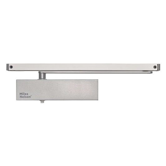 MILES NELSON COMMERCIAL 8000 SERIES DOOR CLOSER WITH SLIDE ARM MNC8404BC/DA+MNC8404SA - EN POWER 2 - BACKCHECK / DELAYED ACTION / REMOVABLE HOLD OPEN-SATIN CHROME ON BRASS