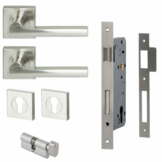 MILES NELSON DOOR HANDLES MILANO RANGE SATIN NICKEL FINISH PARMA ENTRANCE SET 55MM SQUARE ROSE SUPPLIED WITH716SS MORTICE 65MM KEY AND TURN / ESCUTHONS SQUARE