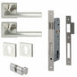 MILES NELSON DOOR HANDLES MILANO RANGE SATIN NICKEL FINISH PARMA ENTRANCE SET 55MM SQUARE ROSE SUPPLIED WITH716SS MORTICE 65MM KEY AND TURN / ESCUTHONS SQUARE