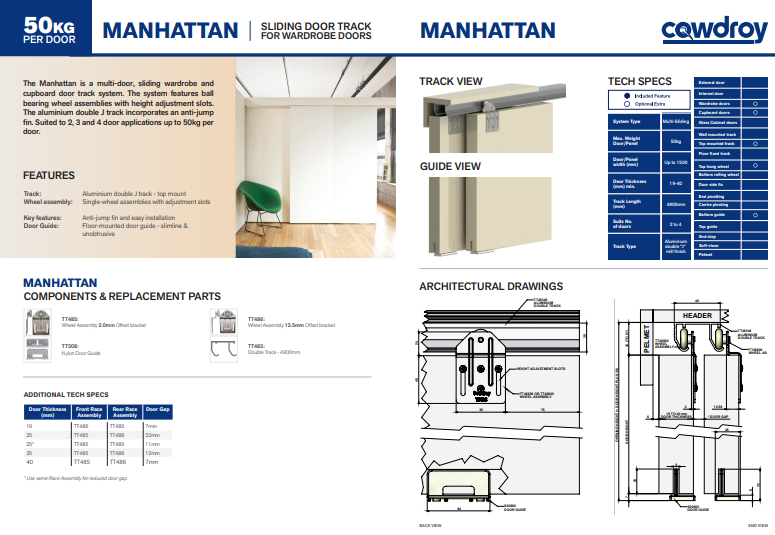 Cowdroy Manhattan Sliding Track System Wardrobe doors 45kg for 2 and 3 Doors Track Set and components 45kg - 1200mm ,1500mm ,1800mm ,2000mm ,2100mm ,2400mm ,2700mm ,4500mm & 6000mm ( Mill alu color )