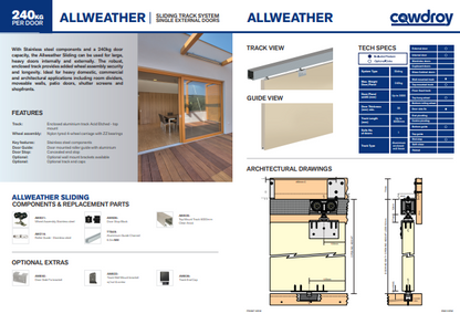 Cowdroy All Weather Door Sliding Track System 240kg Single for External Doors components 240kg