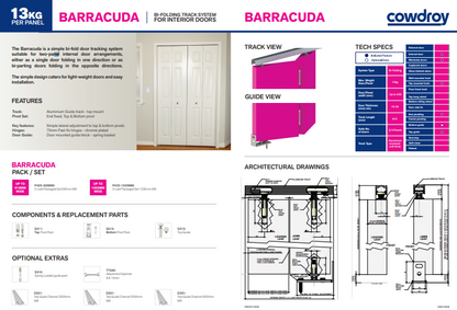 Cowdroy Barracuda Bi-Folding Doors Track System 13kg Single for Interior Doors Set for folding leaf Door and components 13kg