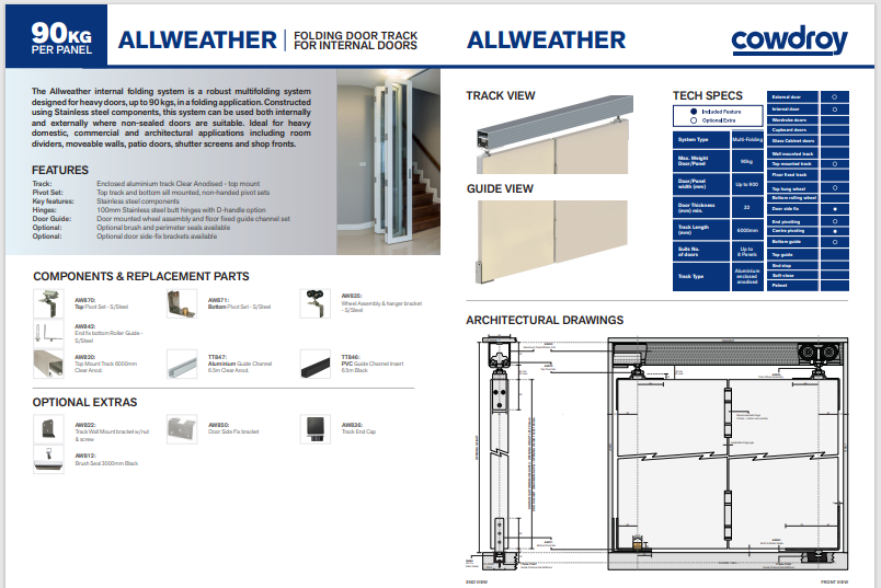 Cowdroy All Weather Folding Door Track System 90kg for Internal doors and components 90kg