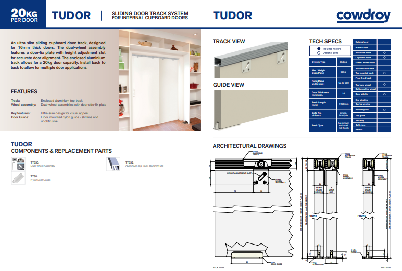 Cowdroy Tudor Sliding Track System Internal Cupboard Doors Track and Components 20kg - 2000mm & 4500mm ( Mill alu color )