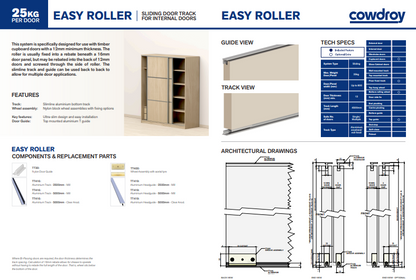 Cowdroy Easy Roller Sliding Doors Track for Internal doors and Components 25kg - 2000mm ,2500 ,3000mm & 5000mm ( Anodised & Mill alu color)