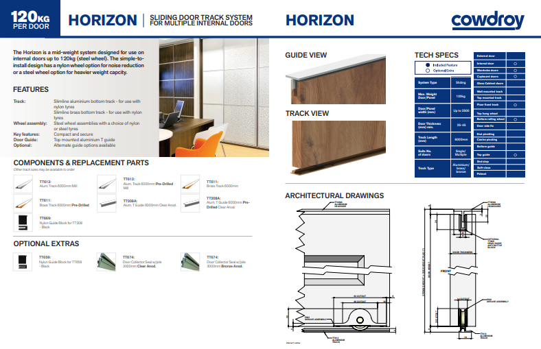 Cowdroy Horizon Sliding Doors Track for Multiple Internal doors and Components 120kg - 2500mm ,3000mm ,3700mm ,4500mm & 6000mm (Mill ,Brass ,Bronze & Anodized)
