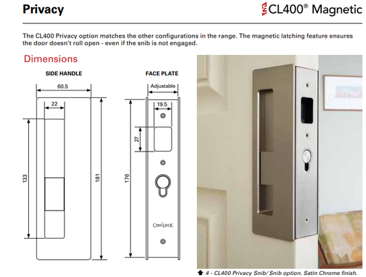 Cavity Slider for Doors CaviLock CL400 Privacy Left Handle Snib Right Handle Emergency 40-46mm - Available in 6 Colours :  Bright Chrome ,Satin Chrome, Oil Rubbed Bronze ,Satin Nickel, Matte Black,Custom Finish