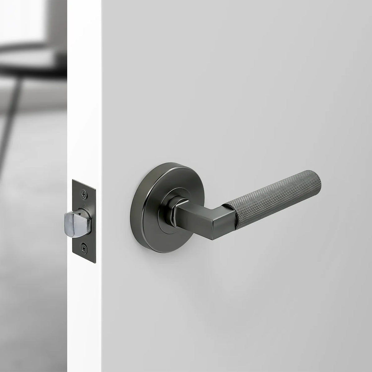 MILES NELSON DOOR HANDLES S RANGE SCARLETT KNURLED PASSAGE SET SATIN GRAPHITE