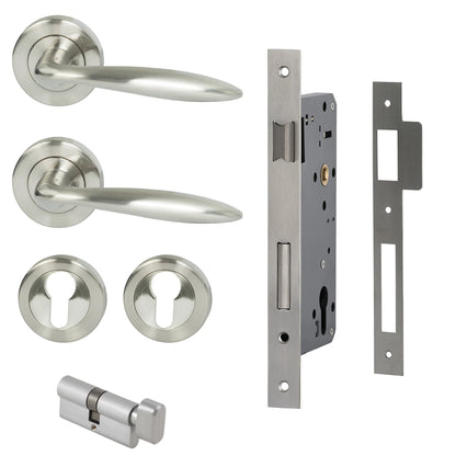 MILES NELSON DOOR HANDLES MILANO RANGE TIVOLI ENTRANCE SET ROUND ROSE SUPPLIED WITH 716SS MORTICE 65MM KEY AND TURN / ESCUTHONS FINISH WITH SATIN NICKEL,SATIN GRAPHITE