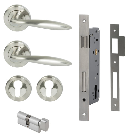 MILES NELSON DOOR HANDLES MILANO RANGE TIVOLI ENTRANCE SET ROUND ROSE SUPPLIED WITH 716SS MORTICE 65MM KEY AND TURN / ESCUTHONS FINISH WITH SATIN NICKEL,SATIN GRAPHITE