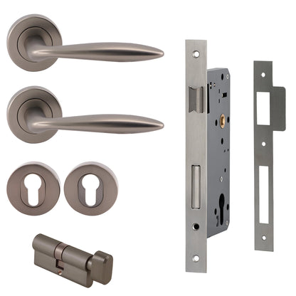 MILES NELSON DOOR HANDLES MILANO RANGE TIVOLI ENTRANCE SET ROUND ROSE SUPPLIED WITH 716SS MORTICE 65MM KEY AND TURN / ESCUTHONS FINISH WITH SATIN NICKEL,SATIN GRAPHITE