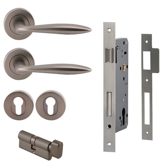 MILES NELSON DOOR HANDLES MILANO RANGE TIVOLI ENTRANCE SET ROUND ROSE SUPPLIED WITH 716SS MORTICE 65MM KEY AND TURN / ESCUTHONS FINISH WITH SATIN NICKEL,SATIN GRAPHITE