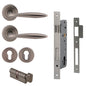 MILES NELSON DOOR HANDLES MILANO RANGE TIVOLI ENTRANCE SET ROUND ROSE SUPPLIED WITH 716SS MORTICE 65MM KEY AND TURN / ESCUTHONS FINISH WITH SATIN NICKEL,SATIN GRAPHITE