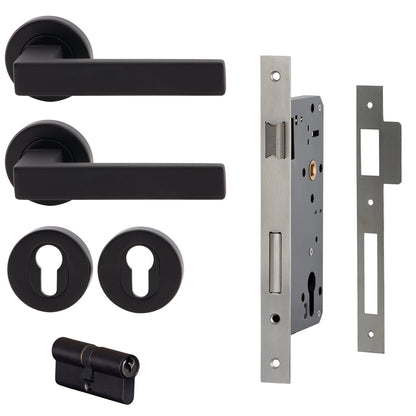 MILES NELSON DOOR HANDLES MILANO RANGE VERONA ENTRANCE SET ROUND ROSE SUPPLIED WITH 716SS MORTICE 65MM KEY AND TURN / ESCUTHONS - SATIN NICKEL,MATT BLACK,SATIN GRAPHITE