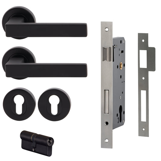 MILES NELSON DOOR HANDLES MILANO RANGE VERONA ENTRANCE SET ROUND ROSE SUPPLIED WITH 716SS MORTICE 65MM KEY AND TURN / ESCUTHONS - SATIN NICKEL,MATT BLACK,SATIN GRAPHITE