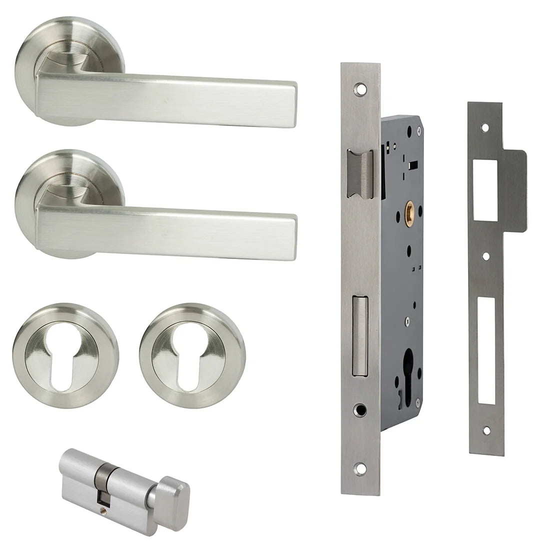MILES NELSON DOOR HANDLES MILANO RANGE VERONA ENTRANCE SET ROUND ROSE SUPPLIED WITH 716SS MORTICE 65MM KEY AND TURN / ESCUTHONS - SATIN NICKEL,MATT BLACK,SATIN GRAPHITE