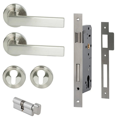 MILES NELSON DOOR HANDLES MILANO RANGE VERONA ENTRANCE SET ROUND ROSE SUPPLIED WITH 716SS MORTICE 65MM KEY AND TURN / ESCUTHONS - SATIN NICKEL,MATT BLACK,SATIN GRAPHITE