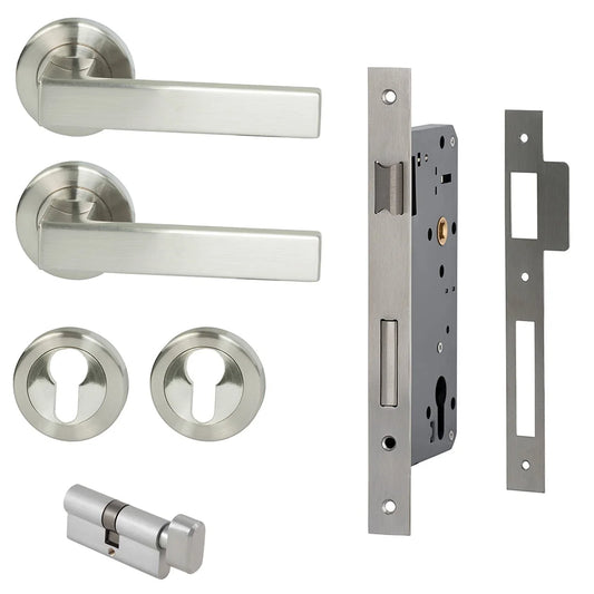 MILES NELSON DOOR HANDLES MILANO RANGE VERONA ENTRANCE SET ROUND ROSE SUPPLIED WITH 716SS MORTICE 65MM KEY AND TURN / ESCUTHONS - SATIN NICKEL,MATT BLACK,SATIN GRAPHITE