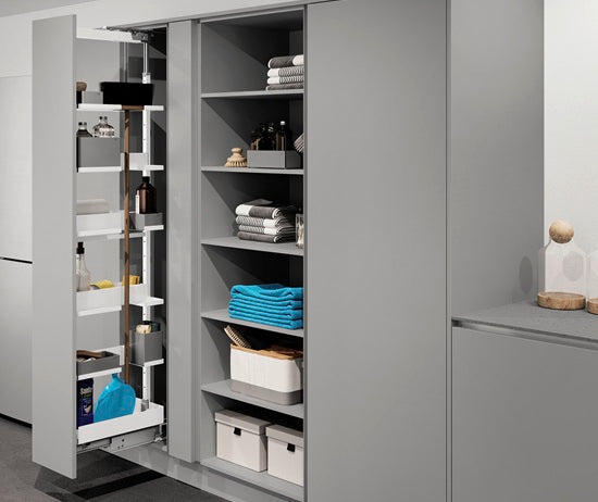 Tanova Vauth Sagel TAL Larder Flex Iron Pull Out Ironing Storage Essentio Style - Height 1900-2140mm - Cabinet 300mm - White and Lava Grey