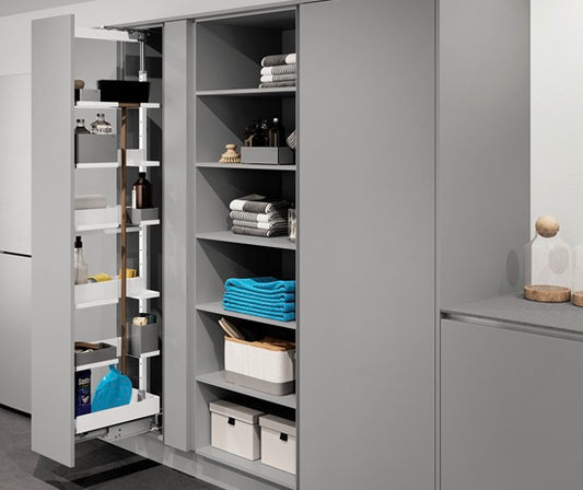 Tanova Vauth Sagel TAL Larder Flex Iron Pull Out Ironing Storage Essentio Style - Height 1900-2140mm - Cabinet 300mm - White and Lava Grey