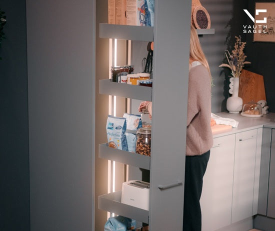 Tanova Vauth Sagel TAL Larder Pull Out Pantry Essentio Style - Height 1700-1950mm - Cabinet 300mm - 6 Baskets - White and Lava Grey