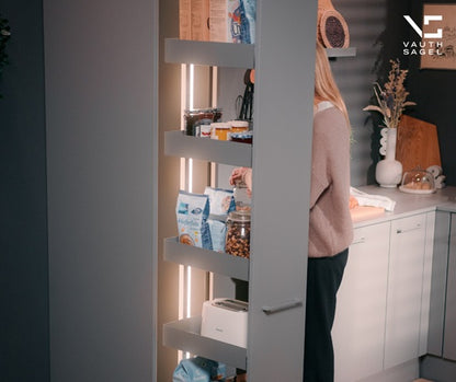 Tanova Vauth Sagel TAL Larder Pull Out Pantry Essentio Style - Height 1700-1950mm - Cabinet 300mm - 6 Baskets - White and Lava Grey