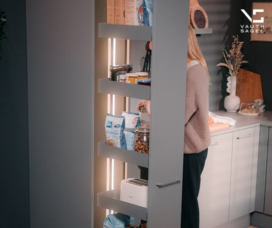 Tanova Vauth Sagel TAL Larder Pull Out Pantry Essentio Style - Height 1700-1950mm - Cabinet 300mm - 6 Baskets - White and Lava Grey