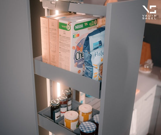 Tanova Vauth Sagel TAL Larder Pull Out Pantry Essentio Style - Height 1700-1950mm - Cabinet 300mm - 6 Baskets - White and Lava Grey
