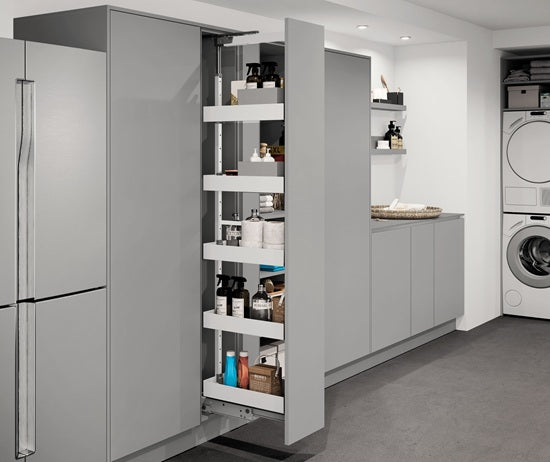 Tanova Vauth Sagel TAL Larder Pull Out Pantry Essentio Style - Height 1700-1950mm - Cabinet 300mm - 6 Baskets - White and Lava Grey