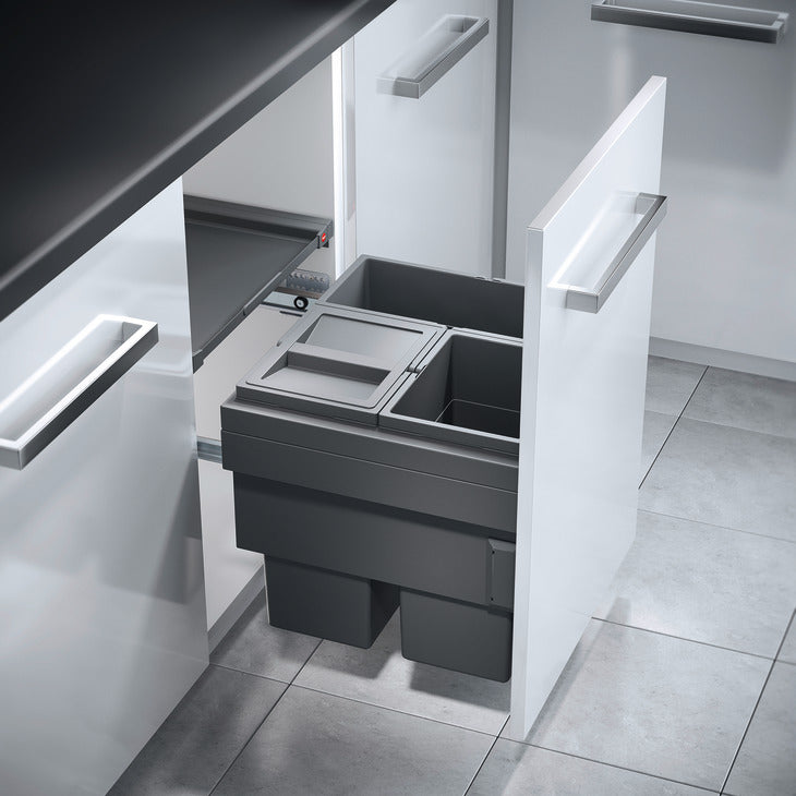 HAILO Cargo-Synchro 3-Compartment Kitchen Bin, 600mm Wide, 1 x 28 and 2 x 13 Litres, Fixed Door Panel