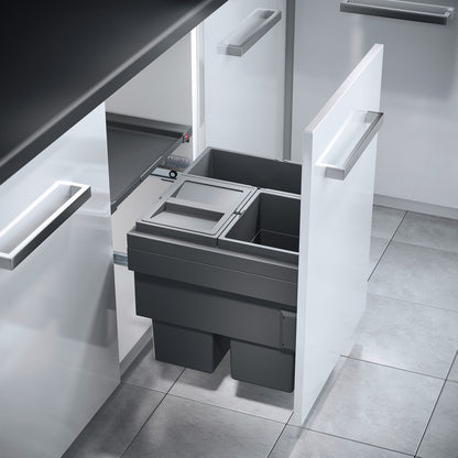 HAILO Cargo-Synchro 3-Compartment Kitchen Bin, 600mm Wide, 1 x 28 and 2 x 13 Litres, Fixed Door Panel