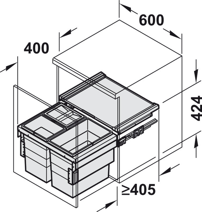 HAILO Cargo-Synchro 3-Compartment Kitchen Bin, 600mm Wide, 1 x 28 and 2 x 13 Litres, Fixed Door Panel
