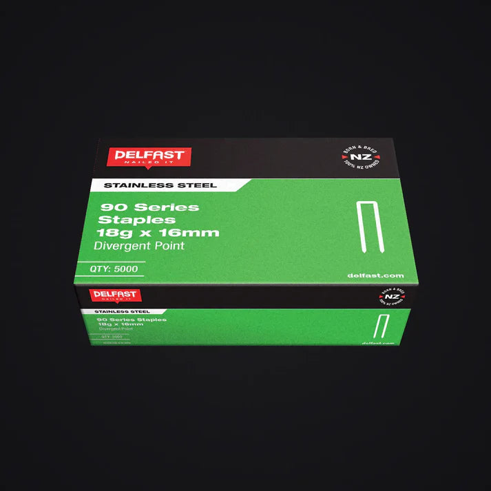 Delfast 18gauge Chisel Point Stainless Steel 90 Series Staples - Box 2500/ 5000.