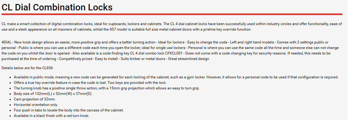 Carbine Australia Locker Lock Mechanical Combination - key Override Removable Cylinder Black