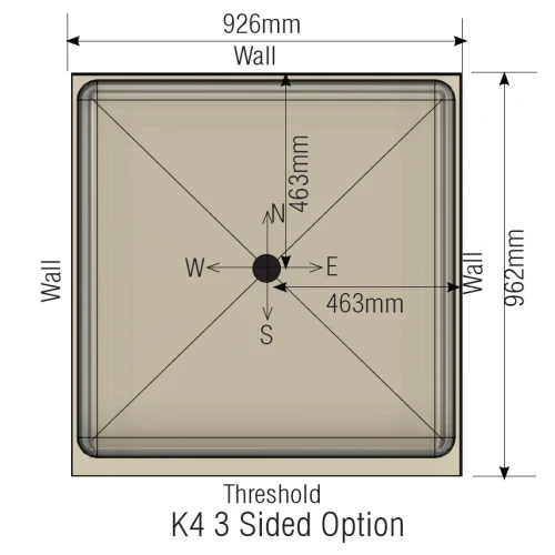 MERCER K SERIES SHOWER TRAYS -304 0.9MM  2 AND 3 SIDE EASY CLEAN 50MM SIDE OUTLET INT STEP POLYBASE