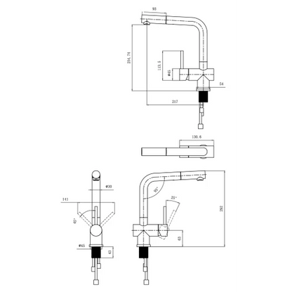 MERCER OSLO L SHAPE PULLOUT MIXER 5 COLOURS - STAINLESS STEEL, GUN METAL, BLACK. COPPER, BRASS.