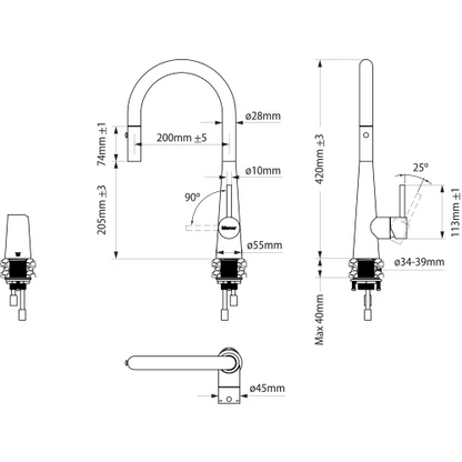 MERCER AM092  COLOGNE GOOSENECK PULLOUT SPRAY MIXER BLACK PVD